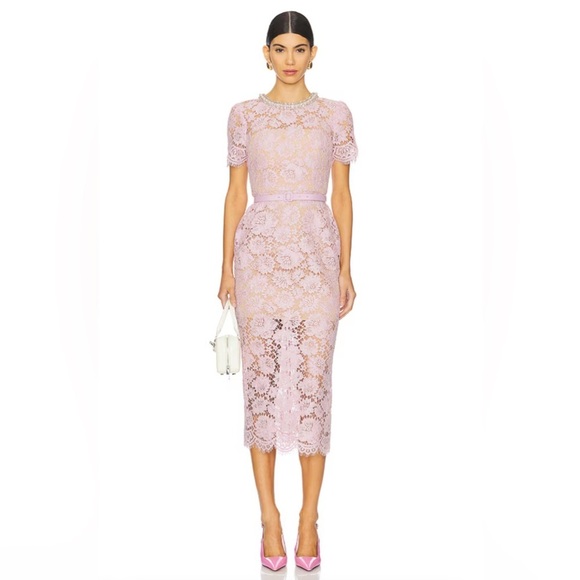 NEW Self-Portrait Fine Lace Pearl Midi Dress in Pink | UK 8 / US 4 - Picture 4 of 16